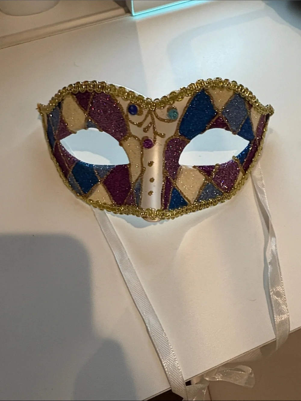 Glitter Harlequin Masquerade Eye Mask in Purple, Blue & Gold
